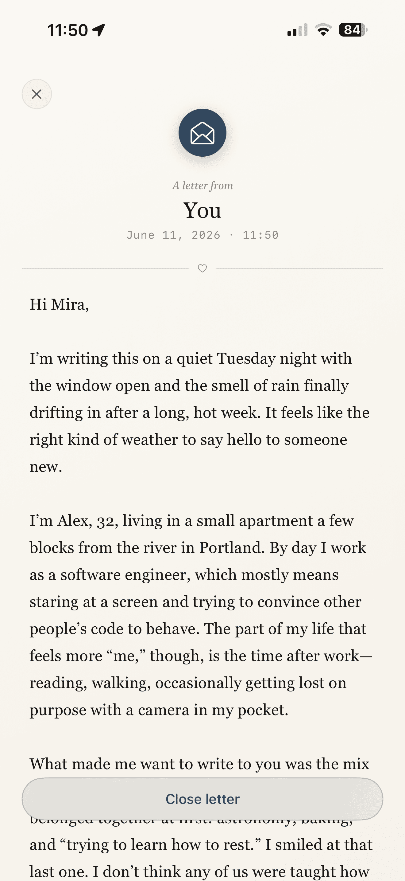 A letter open in the Palvelope app — serif type on cream paper, reading like a real handwritten correspondence