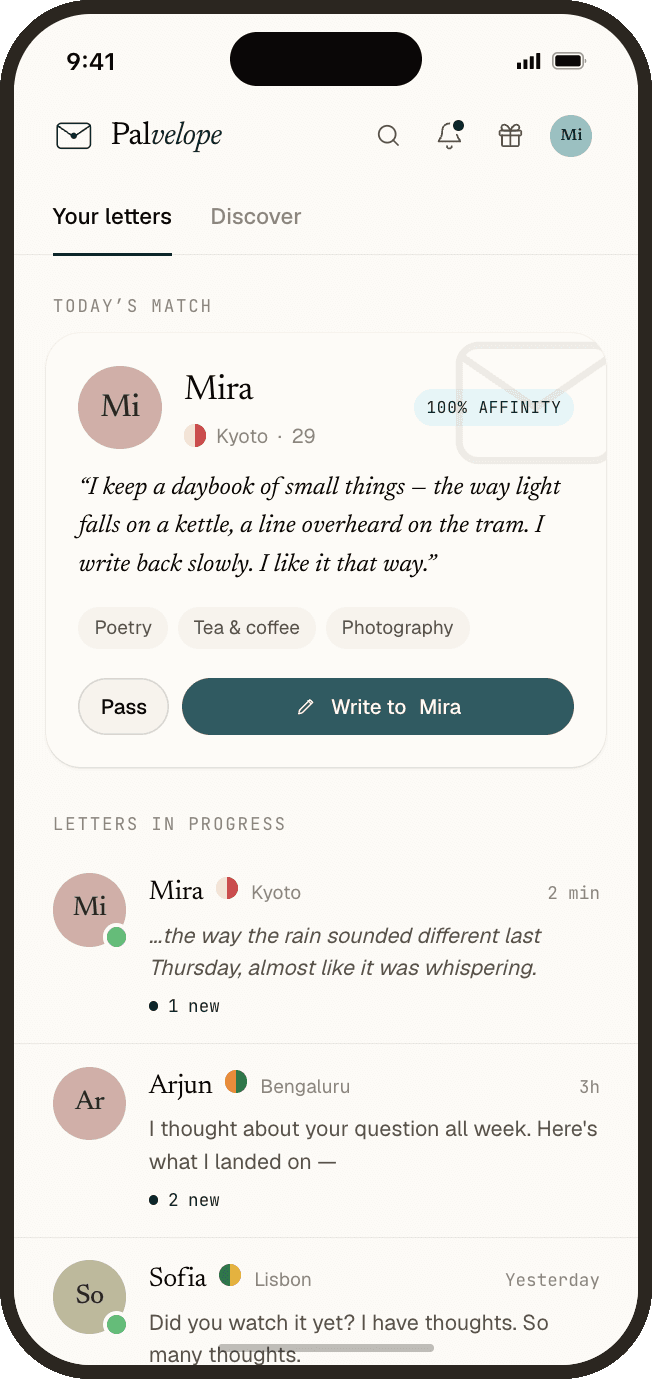 Palvelope home screen on iPhone — today’s match with a handwritten introduction, shared interests, and letters in progress
