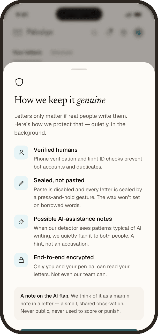 Palvelope’s “How we keep it genuine” sheet on iPhone — verified humans, sealed-not-pasted letters, possible AI-assistance notes, and end-to-end encryption